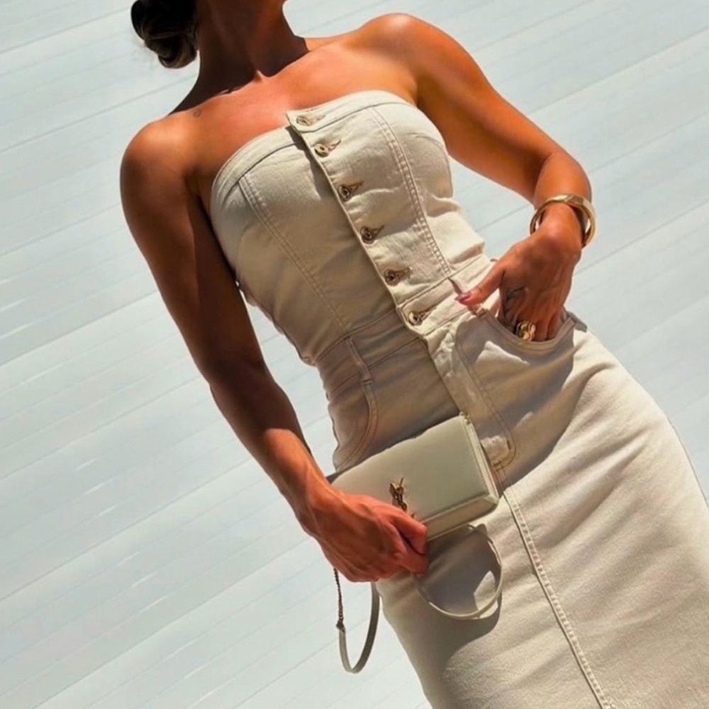 🤎 Sincerely Jules Strapless Denim Midi Dress – Tan, Size Small. NWT.